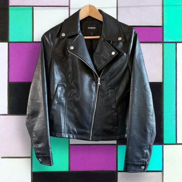 Express Jackets & Blazers - Women’s Express Black Faux Leather Moto Jacket-Size Small‎